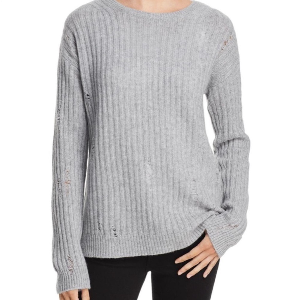 Aqua Cashmere Gray Rib-Knit Distressed Cashmere Sweater Size Small - Picture 3 of 9